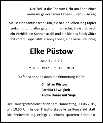 Traueranzeige von Elke Püstow von Lübecker Nachrichten
