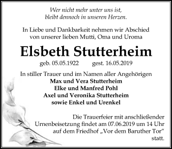 Traueranzeige von Elsbeth Stutterheim von Märkischen Allgemeine Zeitung