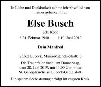 Traueranzeige von Else Busch von Lübecker Nachrichten