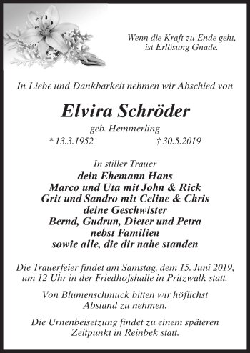 Traueranzeige von Elvira Schröder von Märkischen Allgemeine Zeitung