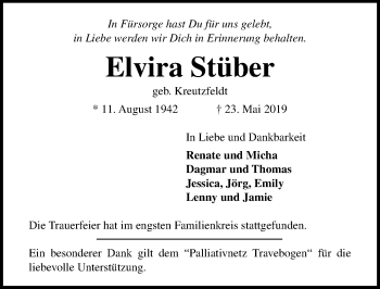 Traueranzeige von Elvira Stüber von Lübecker Nachrichten
