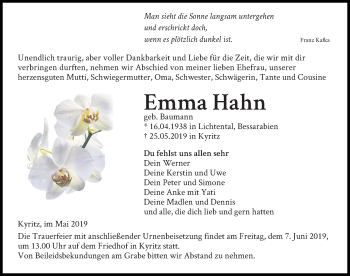 Traueranzeige von Emma Hahn von Märkischen Allgemeine Zeitung