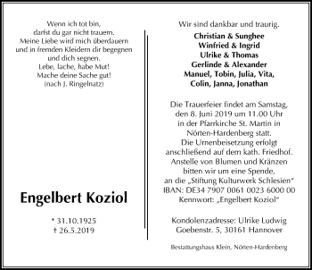 Traueranzeige von Engelbert Koziol von Göttinger Tageblatt