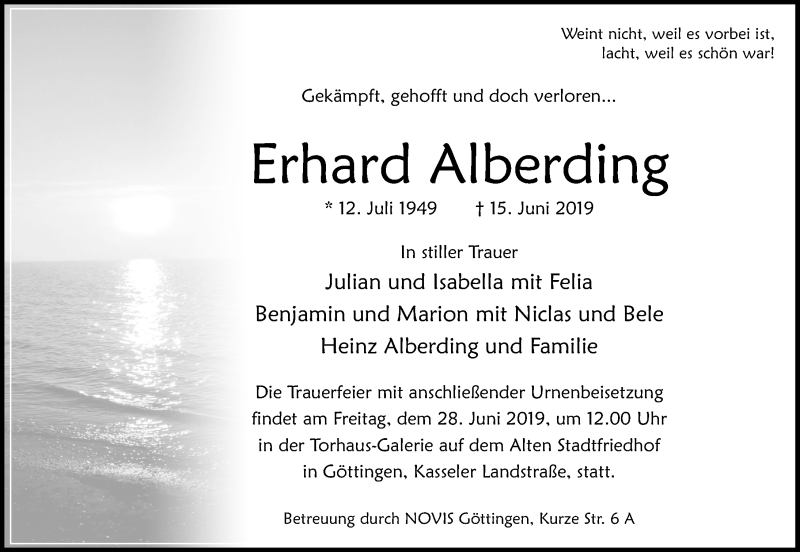  Traueranzeige für Erhard Alberding vom 22.06.2019 aus Göttinger Tageblatt