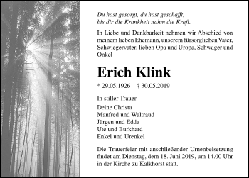 Traueranzeige von Erich Klink von Ostsee-Zeitung GmbH