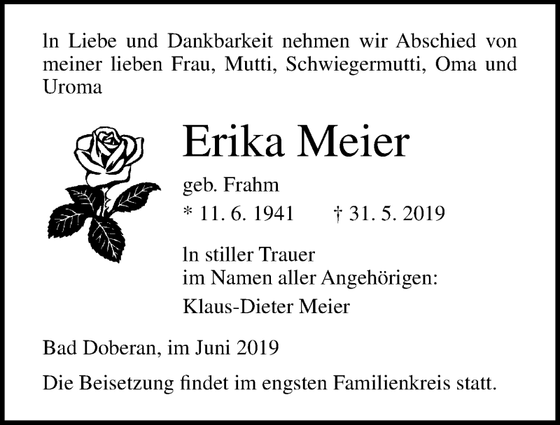 Traueranzeigen von Erika Meier | trauer-anzeigen.de