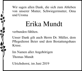 Traueranzeige von Erika Mundt von Ostsee-Zeitung GmbH