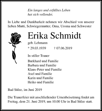 Traueranzeige von Erika Schmidt von Ostsee-Zeitung GmbH