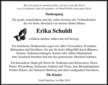 Traueranzeige von Erika Schuldt von Ostsee-Zeitung GmbH
