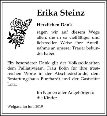Traueranzeige von Erika Steinz von Ostsee-Zeitung GmbH