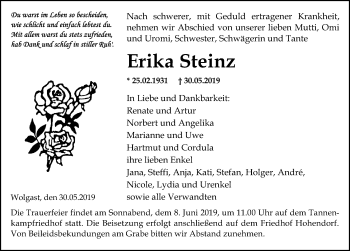Traueranzeige von Erika Steinz von Ostsee-Zeitung GmbH