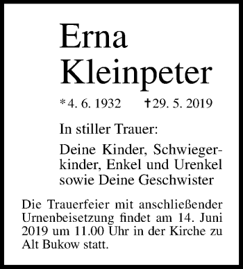 Traueranzeige von Erna Kleinpeter von Ostsee-Zeitung GmbH