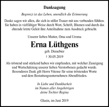 Traueranzeige von Erna Lüthgens von Ostsee-Zeitung GmbH