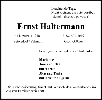 Traueranzeige von Ernst Haltermann von Lübecker Nachrichten