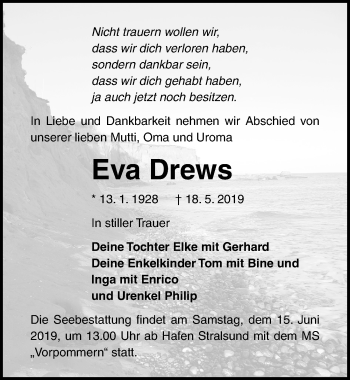 Traueranzeige von Eva Drews von Ostsee-Zeitung GmbH