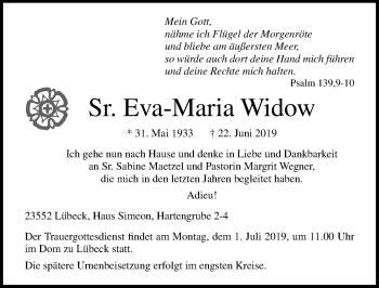 Traueranzeige von Eva-Maria Widow von Lübecker Nachrichten