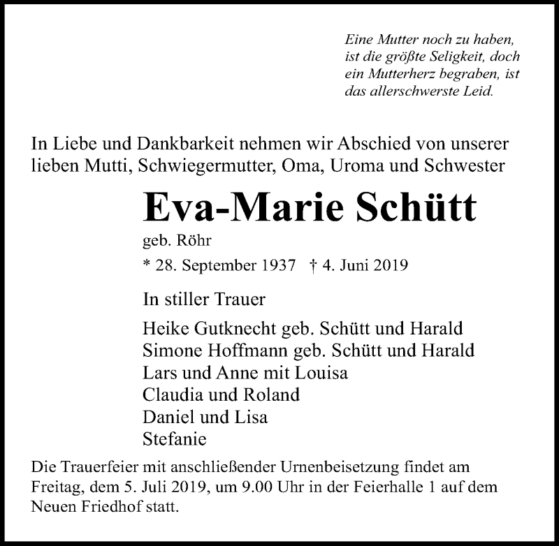  Traueranzeige für Eva-Marie Schütt vom 08.06.2019 aus Ostsee-Zeitung GmbH