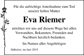 Traueranzeige von Eva Riemer von Ostsee-Zeitung GmbH