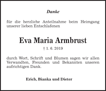 Traueranzeige von Eva Maria Armbrust von Kieler Nachrichten