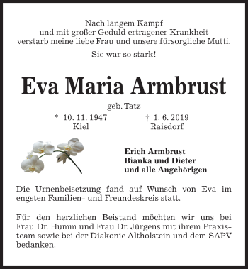 Traueranzeige von Eva Maria Armbrust von Kieler Nachrichten