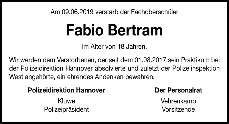  Traueranzeige für Fabio Bertram vom 15.06.2019 aus Hannoversche Allgemeine Zeitung/Neue Presse