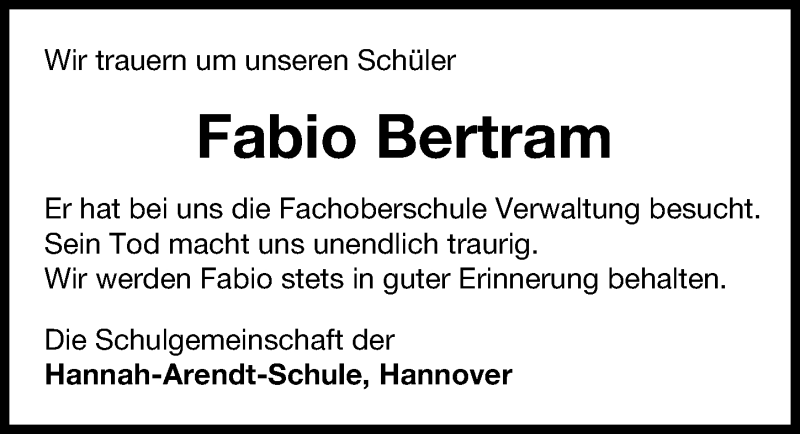  Traueranzeige für Fabio Bertram vom 19.06.2019 aus Hannoversche Allgemeine Zeitung/Neue Presse