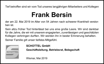Traueranzeige von Frank Bersin von Ostsee-Zeitung GmbH