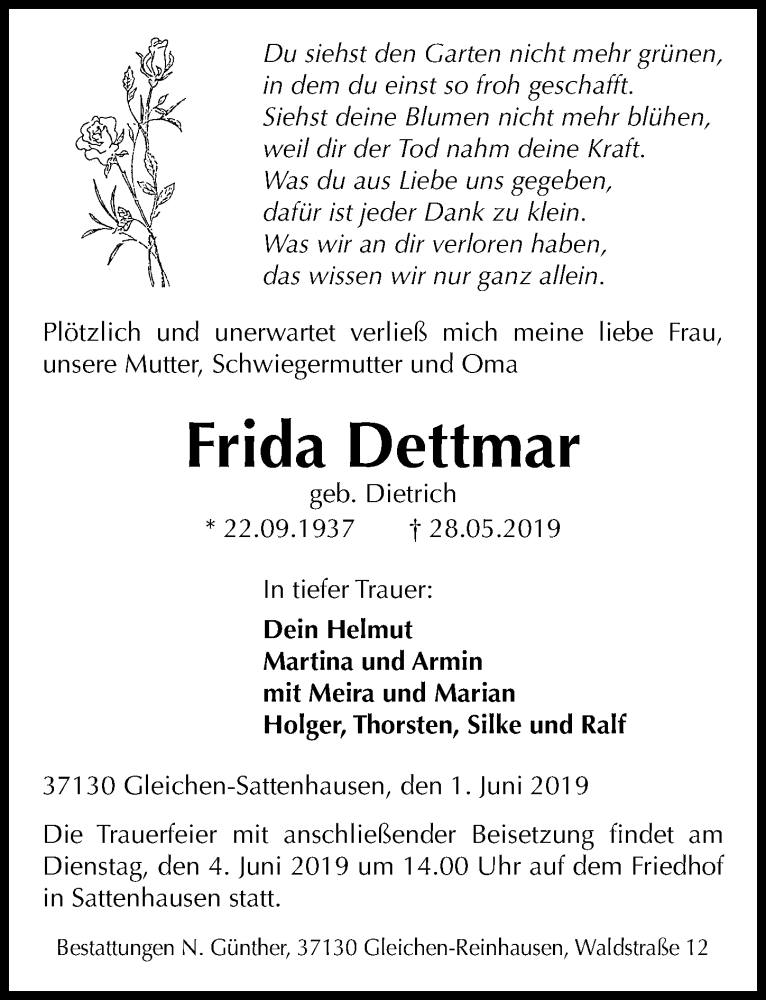  Traueranzeige für Frida Dettmar vom 01.06.2019 aus Göttinger Tageblatt