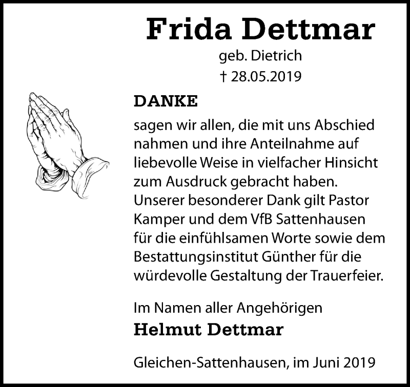  Traueranzeige für Frida Dettmar vom 22.06.2019 aus Göttinger Tageblatt