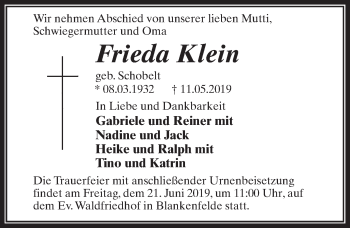 Traueranzeige von Frieda Klein von Märkischen Allgemeine Zeitung