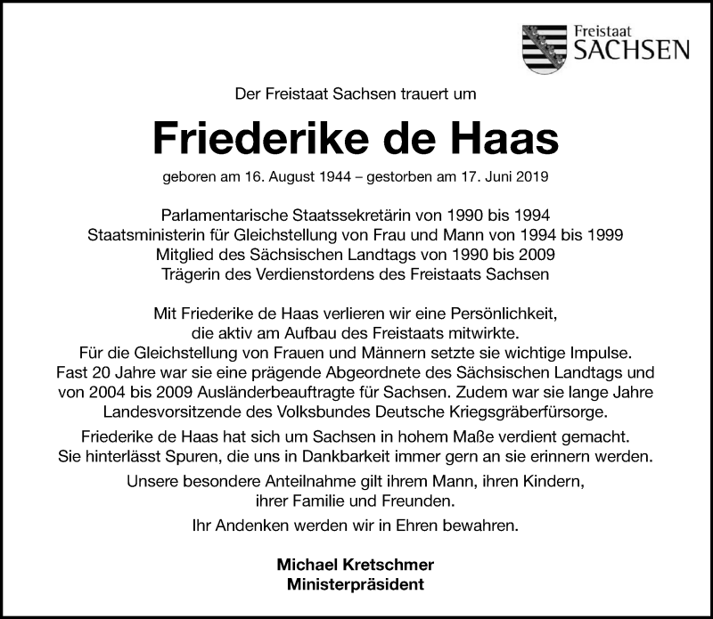  Traueranzeige für Friederike de Haas vom 21.06.2019 aus Leipziger Volkszeitung