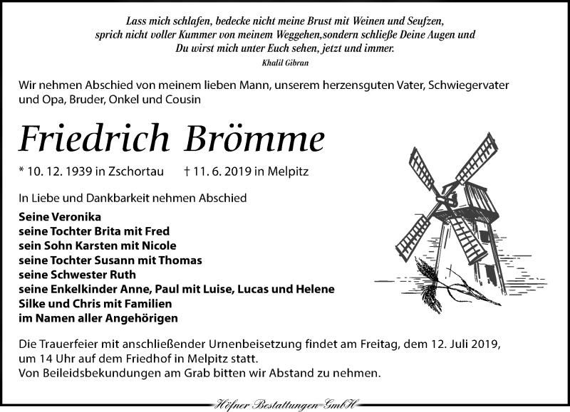  Traueranzeige für Friedrich Brömme vom 22.06.2019 aus Leipziger Volkszeitung