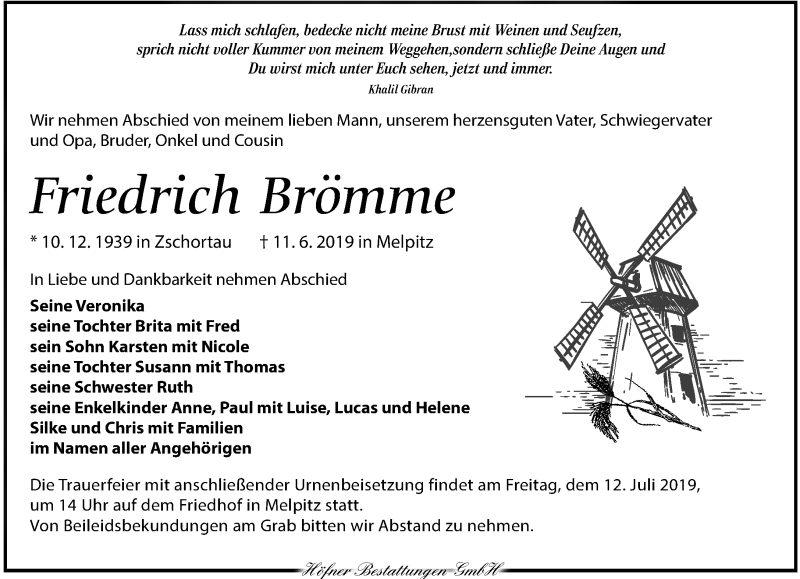  Traueranzeige für Friedrich Brömme vom 22.06.2019 aus Torgauer Zeitung