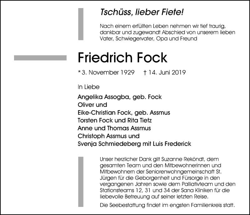  Traueranzeige für Friedrich Fock vom 16.06.2019 aus Lübecker Nachrichten
