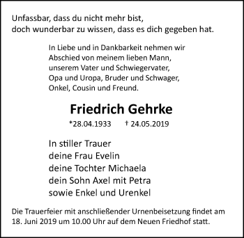 Traueranzeige von Friedrich Gehrke von Ostsee-Zeitung GmbH