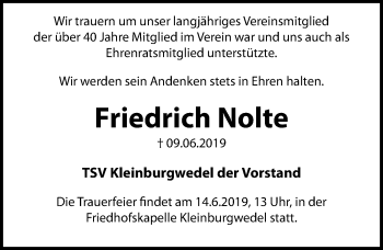 Traueranzeige von Friedrich Nolte von Hannoversche Allgemeine Zeitung/Neue Presse