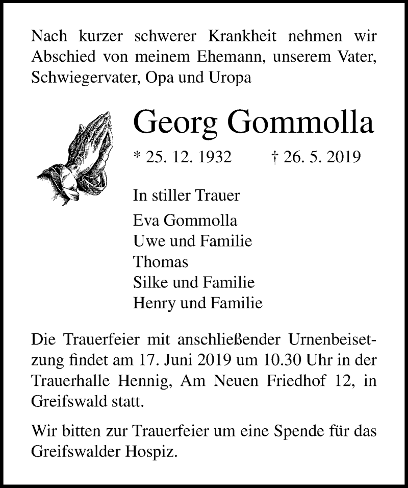  Traueranzeige für Georg Gommolla vom 01.06.2019 aus Ostsee-Zeitung GmbH