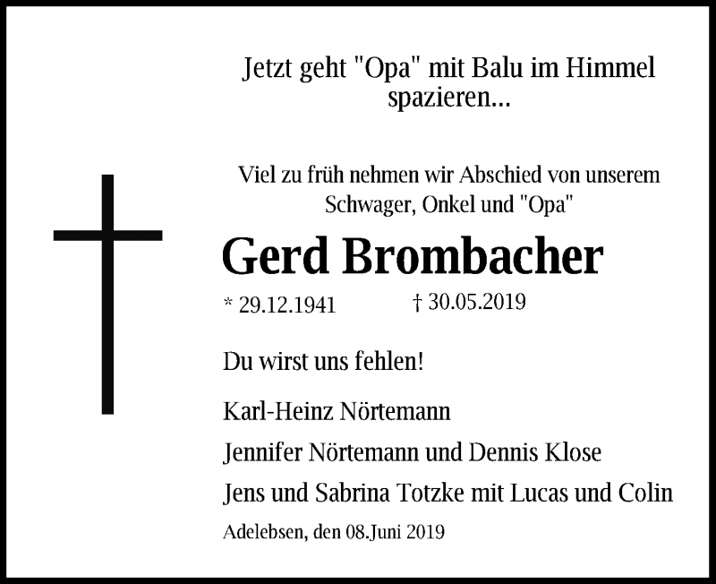  Traueranzeige für Gerd Brombacher vom 08.06.2019 aus Göttinger Tageblatt