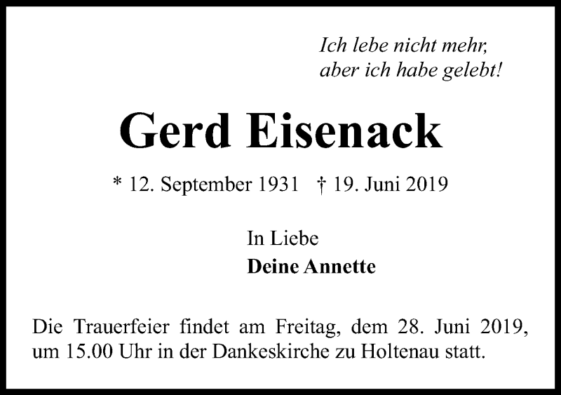  Traueranzeige für Gerd Eisenack vom 22.06.2019 aus Kieler Nachrichten