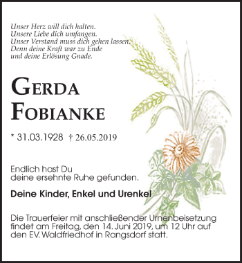 Traueranzeige von Gerda Fobianke von Märkischen Allgemeine Zeitung