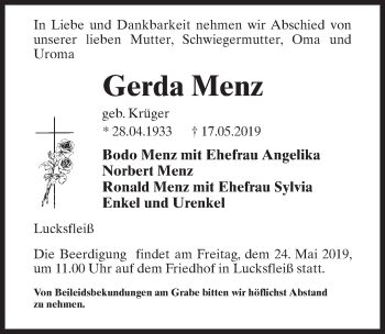 Traueranzeige von Gerda Menz von Märkischen Allgemeine Zeitung