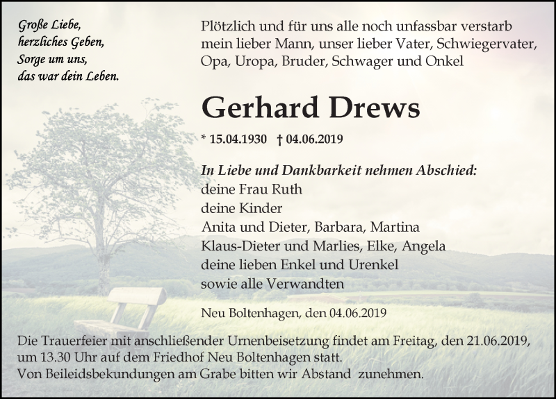  Traueranzeige für Gerhard Drews vom 08.06.2019 aus Ostsee-Zeitung GmbH