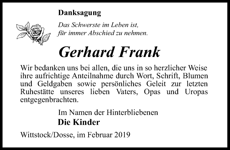  Traueranzeige für Gerhard Frank vom 09.02.2019 aus Märkischen Allgemeine Zeitung