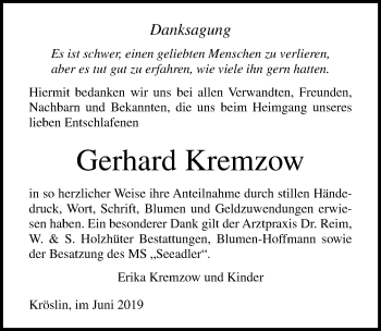 Traueranzeige von Gerhard Kremzow von Ostsee-Zeitung GmbH