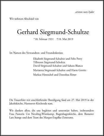 Traueranzeige von Gerhard Siegmund-Schultze von Hannoversche Allgemeine Zeitung/Neue Presse