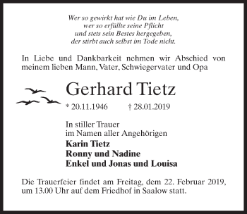 Traueranzeige von Gerhard Tietz von Märkischen Allgemeine Zeitung
