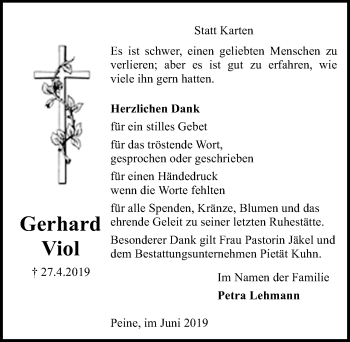 Traueranzeige von Gerhard Viol von Peiner Allgemeine Zeitung