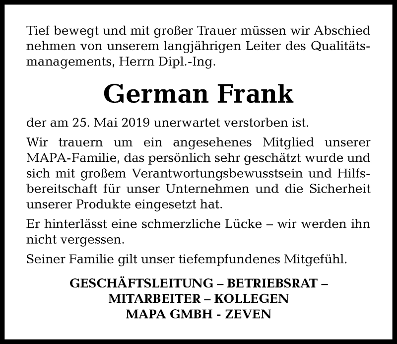  Traueranzeige für German Frank vom 12.06.2019 aus Kieler Nachrichten