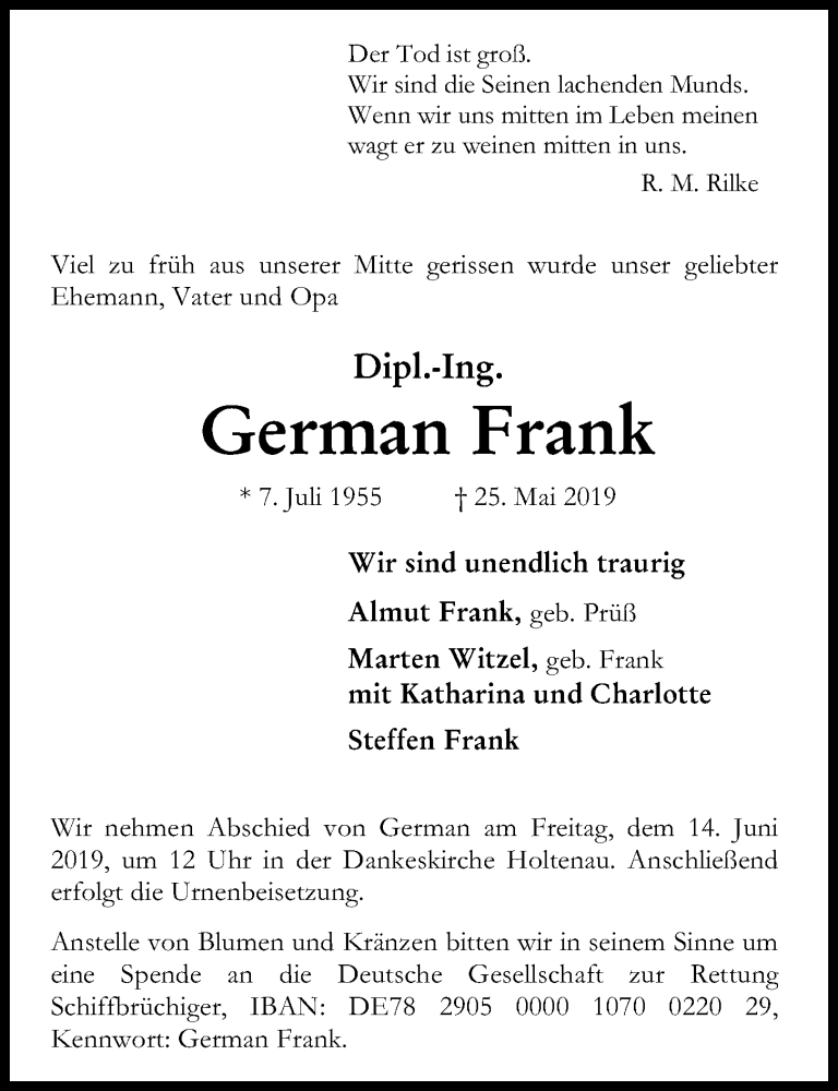  Traueranzeige für German Frank vom 08.06.2019 aus Kieler Nachrichten