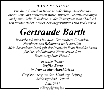Traueranzeige von Gertraude Barth von Leipziger Volkszeitung